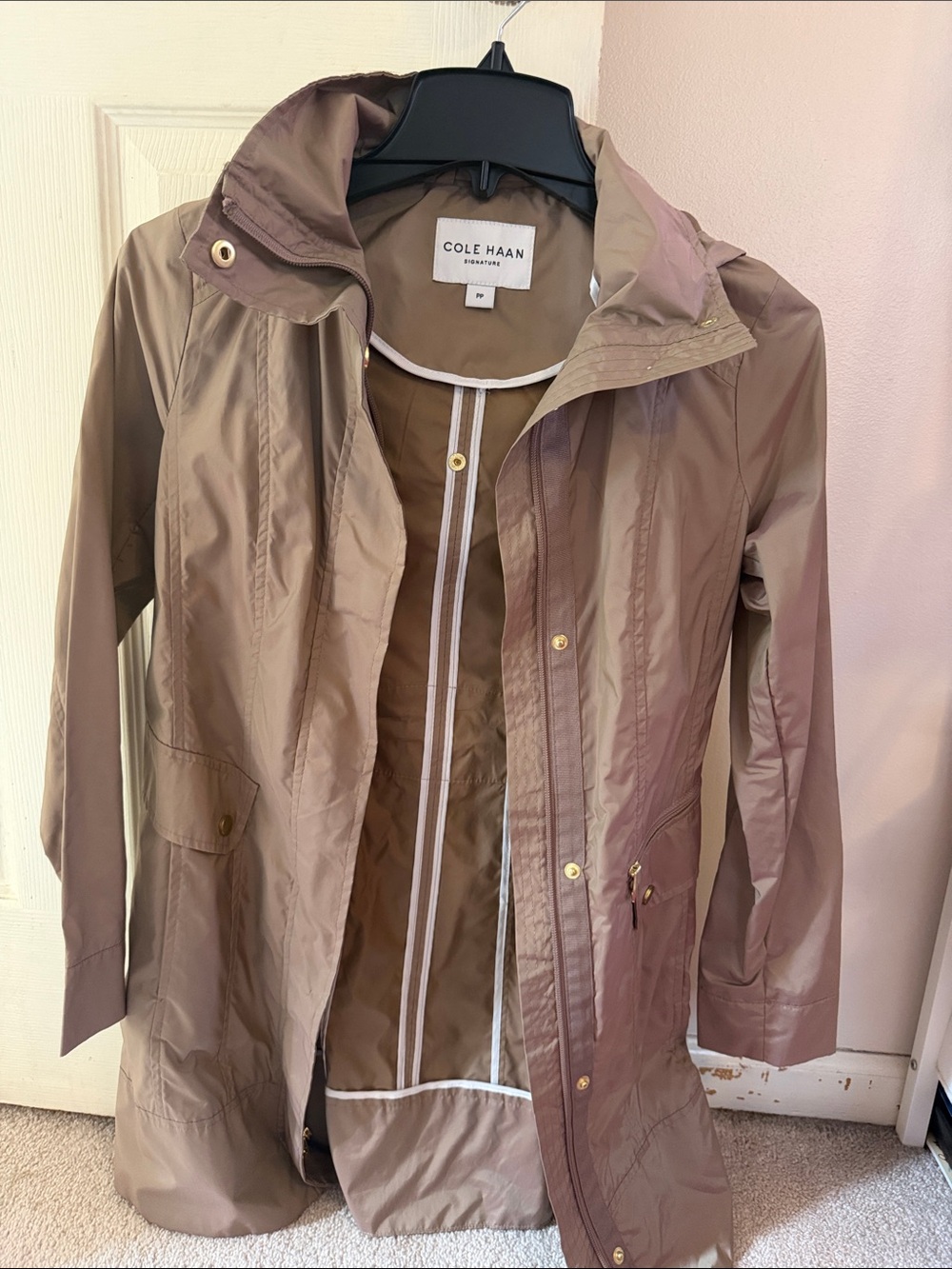 Cole Haan Taupe Hooded Lightweight Trench